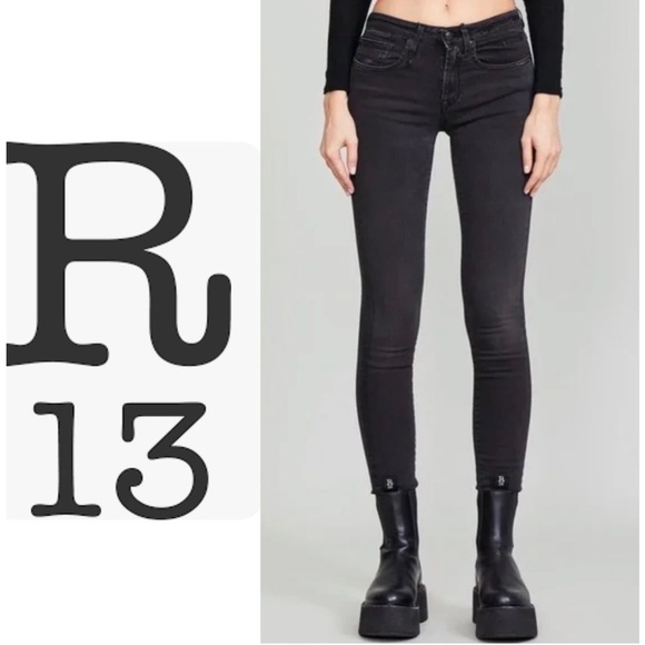 R13 Jenny Mid Rise Skinny Black Jeans Sz 25